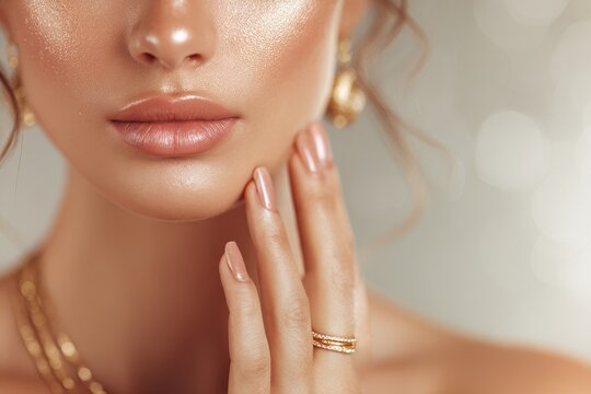Elegant woman with flawless skin adorned in gold jewelry including earrings ring and necklace highlights of cosmetics and manicured nails