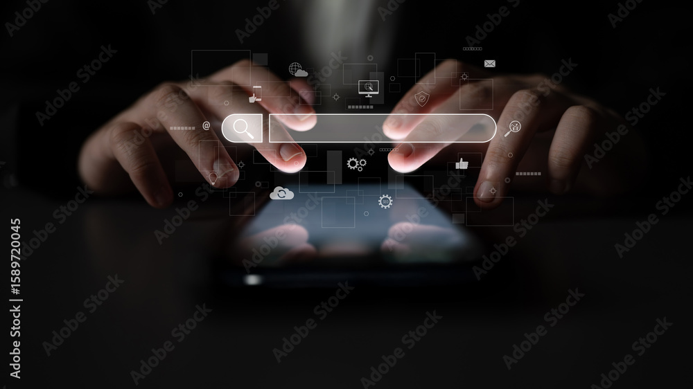 Poster search engine interface for accessing digital information and online data. search engine finds data,