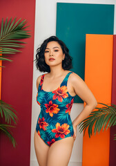 A woman in a blue and red floral swimsuit poses in front of a wall of orange