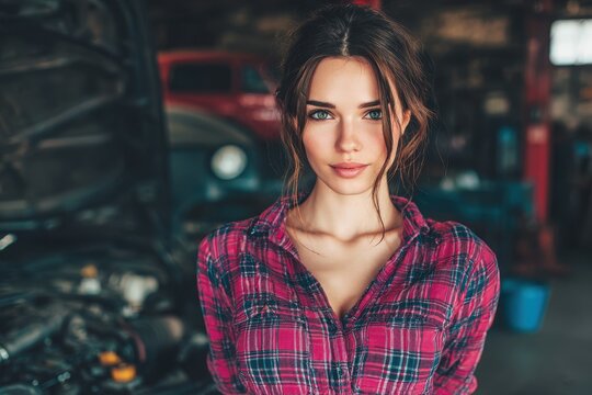 Attractive brunette mechanic in a plaid shirt working in a garage vehicle diagnostics and service