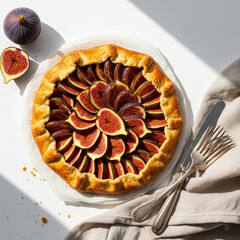 Overhead artisanal shot of rustic fig galette, sliced figs arranged in concentric circles on golden crust. Warm daylight, linen napkin and vintage cutlery copy