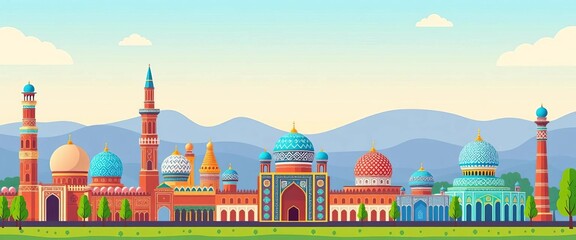 Obraz premium Flat cartoon style illustration of Uzbekistan landmarks and patterns on a web banner background, web, country