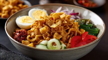 Bowl of noodles with crispy topping and vegetables