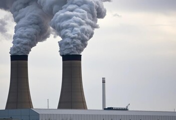 Massive coal plant smokestacks billowing dark smoke against a gray sky,  dark smoke,   electricity
