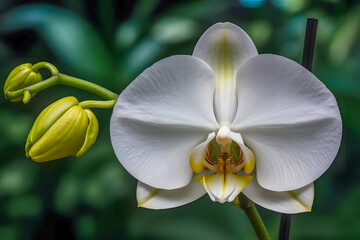 A white flower with yellow and red stripes is in the foreground