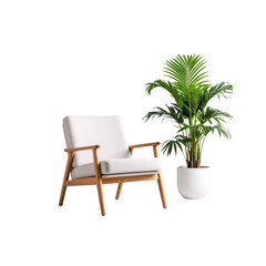 Modern white armchair and potted plant arrangement interior design, isolated on transparent background