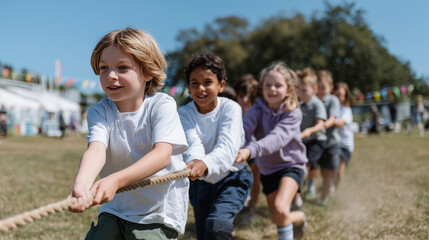 A group of children playing tug of war on a grassy school field during sports day. Their faces show determination as they pull the rope tight, radiating joyful energy in a lively, fun outdoor activity