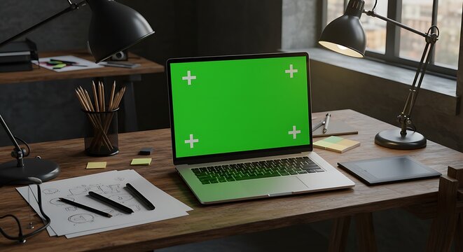 Modern Desk Setup with Laptop Green Screen for Content Creation and Design Mockups