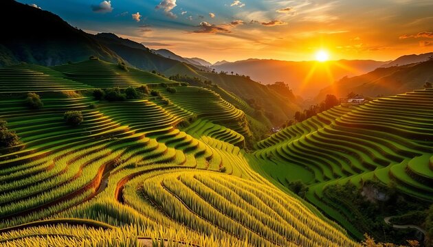 Golden sunset casts long shadows across vibrant green terraced rice paddies in Mu Cang Chai, Vietnam,  beauty,  rural