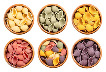 Snail shell Italian pasta, multi colored, furrowed Conchiglie rigate in wooden bowls. Uncooked durum wheat semolina pasta. Uncolored, colored with spinach, turmeric, beetroot, mixed, and black carrot.