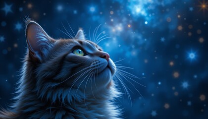 Dreamy Tabby Cat Gazing at Stars and Moon in a Magical Blue Night Sky Fantasy Scene