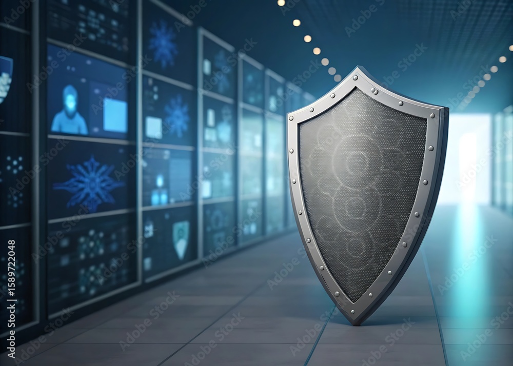 Poster a metallic shield stands guard in a server room, symbolizing robust cybersecurity and the protection