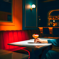 A person is holding a glass of a drink at a bar