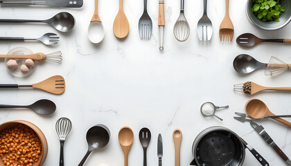 Culinary Utensil Flatlay: A Chef's Essential Toolkit AI Generated