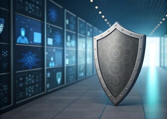 A metallic shield stands guard in a server room, symbolizing robust cybersecurity and the protection of sensitive data within a secure network infrastructure
