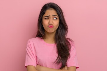Fototapeta premium A young attractive Indian woman with blonde hair displays playful expressions while wearing a pink t shirt set against a studio backdrop Theme amusing and emotional gestures