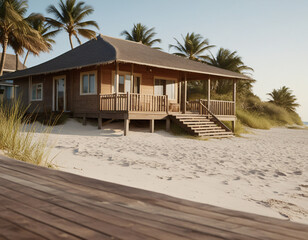 tropical beach bungalow on stilts with wooden boardwalk