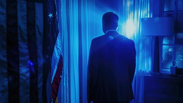 A business professional stands in front of the American flag, conveying patriotism and national pride