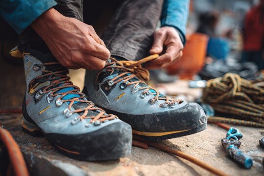 Anonymous individual puts on climbing shoes for an adventurous outdoor pursuit