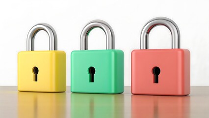 Fototapeta premium Three colorful padlocks, yellow, green and red, stand side by side on a reflective surface, symbolizing security and protection isolated on white background