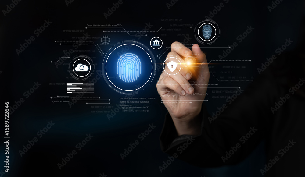 Poster biometric identity system using fingerprint and facial recognition to secure cloud access, protect s