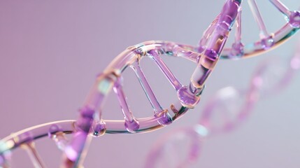 Close-up of futuristic transparent DNA helix model on pastel background representing genetic engineering, biotechnology research and modern medical innovation