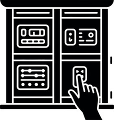 Black and white icon of a hand interacting with a digital interface technology interaction