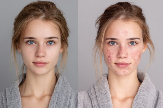 Comparison of a young woman s face with problematic skin before and after makeup