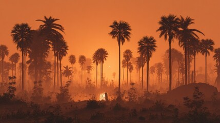 Obraz premium Sunrise in a misty palm grove