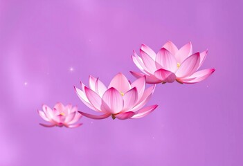 Obraz premium Floating lotus blossoms in shades of pink and light purple, sparkling against a soft purple background, design, botanical