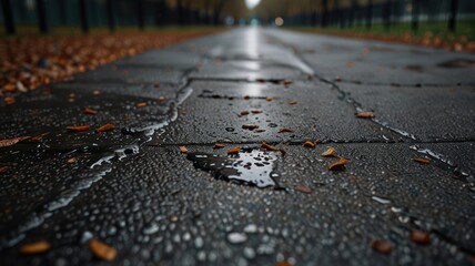 Wet pavement path lined with fallen autumn leaves