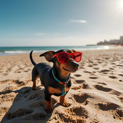 Cool Dachshund in Red Sunglasses Enjoying the Beach