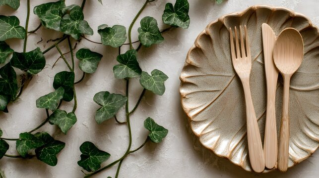 Sustainable table setting featuring wooden cutlery on a leaf-shaped plate with lush green ivy adorning the table surface
