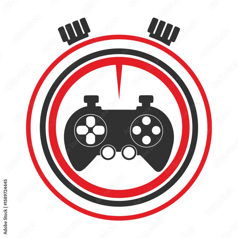 Poster black video game controller inside red and black concentric circles with stopwatch elements gaming