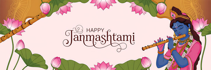 Happy Janmashtami banner with Lord Krishna playing flute and lotuses | Krishna Janmashtami Banner
