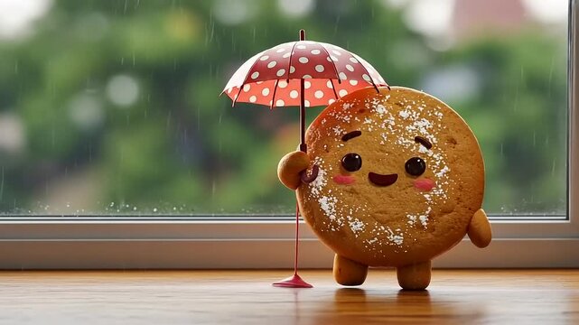 Cute cookie character holding a polka-dotted umbrella by a rain-soaked window with greenery outside