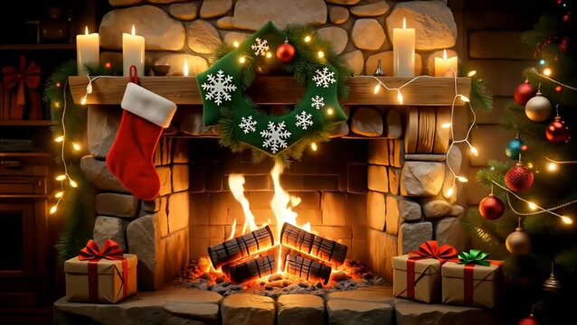 Seamless looping time-lapse virtual video animation background featuring a cozy fireplace with festive Christmas decorations.