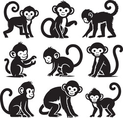 Black and White Monkey Silhouette Vector Set – Sitting, Walking, and Playing Poses