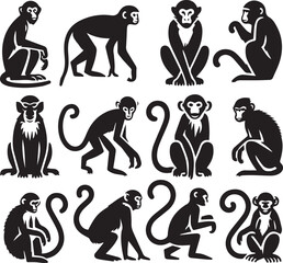 Black and White Monkey Silhouette Vector Set – Sitting, Walking, and Playing Poses