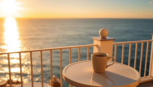 Golden hour sunlight bathes a seaside terrace; coffee cup sits on small table overlooking calm ocean,  mug,  latte
