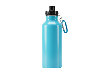 Vibrant sky blue aluminum water bottle with black cap and blue carabiner on silver key ring, isolated on plain transparent background, no shadows, studio lighting, high angle shot, commercial