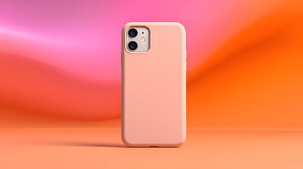 Coral pink smartphone with dual camera in a pastel minimalist setting against a background with orange and pink hues.