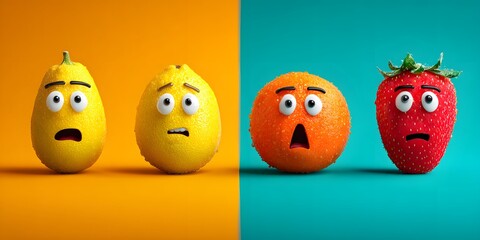 Obraz premium Expressive fruits lemon, orange, and strawberry showcase surprising, contrasting emotions in a colorful, modern design against bright backgrounds