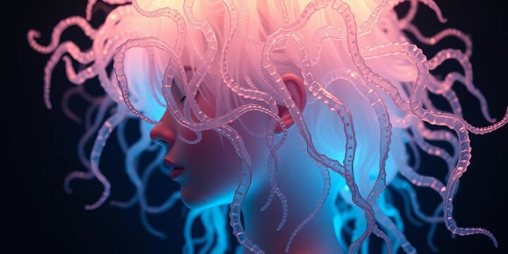 Intricate, translucent hairstyle mimicking jellyfish tentacles, ethereal lighting, fashion, stock photo