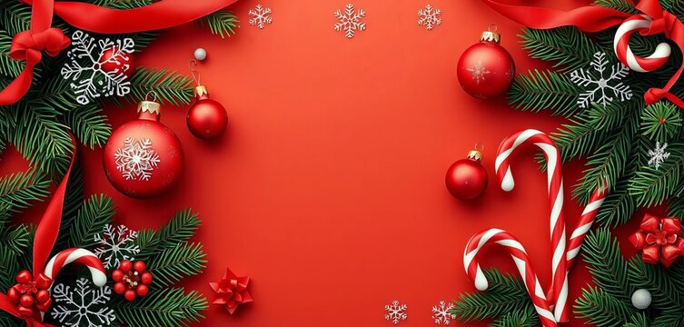 Festive red and green banner with ornaments, pine, snowflakes, and candy canes,  photography,  merry christmas
