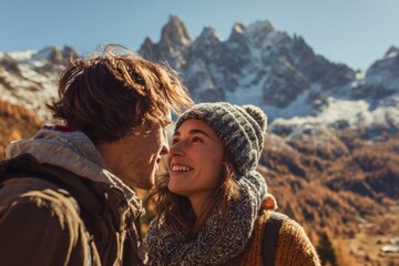Charming young couple exploring Italy s alpine mountains Tourists enjoying a joyful autumn holiday Theme of travel lifestyle and romance