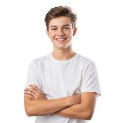 A smiling teen boy with crossed arms exudes confidence and charm in a portrait against a clean white backdrop, isolated on transparent background