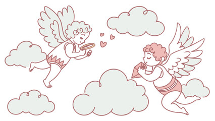 Two adorable cupids with wings and halos flying among clouds sending love hearts and letters isolated on white background
