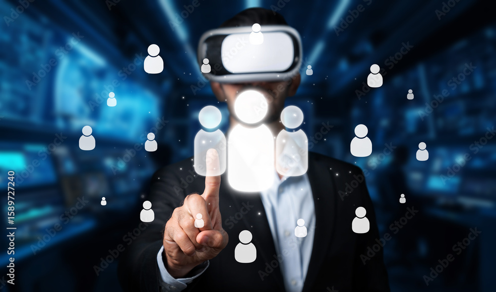 Aufkleber a man in a virtual reality headset engages with a network of people in a digital environment, symbol