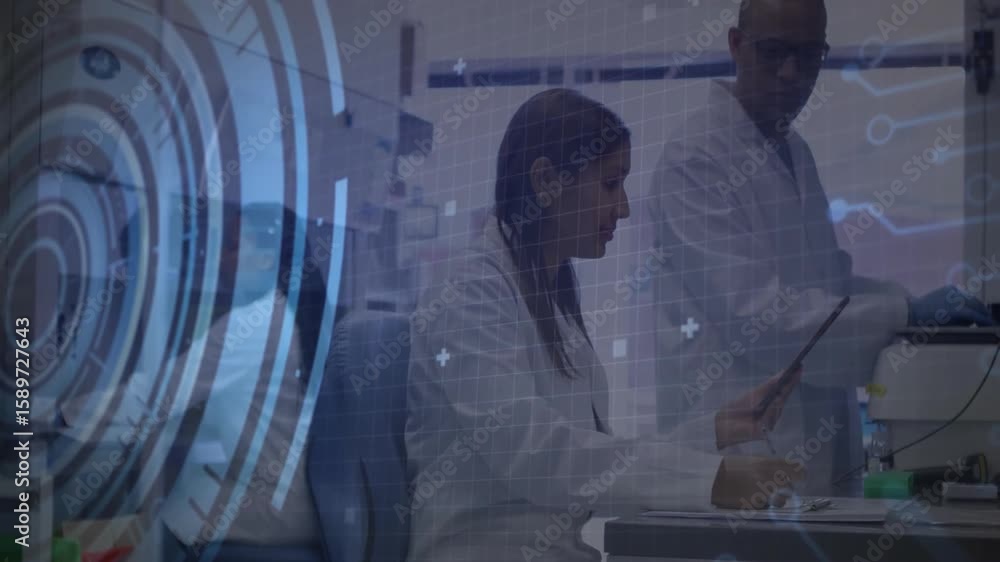 Poster indian woman scientist tapping tablet while round interface animating code for lab data analysis